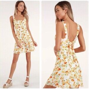Lulus Day Date White and Yellow Orange Floral Print Tie-Back Mini Dress Small